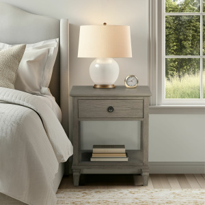 Victoria one-drawer wood bedside table with shelf - Reclaimed Grey