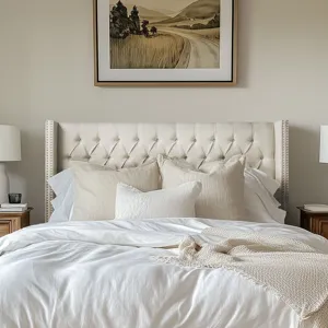 Amelia Queen Upholstered Wingback Headboard with Button Tufting & Nailhead Trim - Cream
