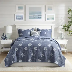 Harbor House Blue Seaside 4 Piece Cotton Reversible Embroidered Quilt Set with Throw Pillow