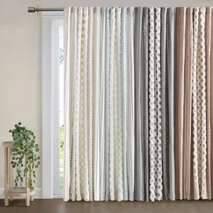 Imani Cotton Printed Curtain Panel with Chenille Stripe and Lining - White/Navy