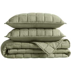 100% Linen King/California King Linen Garment Washed Quilt Set - Olive Green
