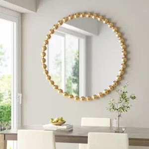 Marlowe 36\" Large Decorative Round Wall Mirror with Beaded Metal Frame - Gold
