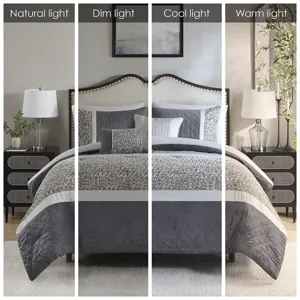 Madison Park Amelia 5 Piece Textured Jacquard Stripe Comforter Set with Throw Pillows - King/California King - Grey