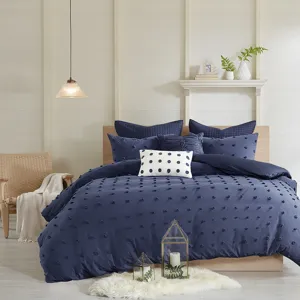 Brooklyn Full/Queen Cotton Jacquard Comforter Set with Euro Shams and Throw Pillows - Navy