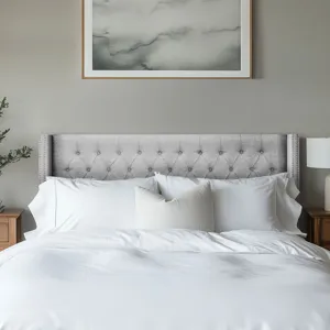 Amelia Queen Upholstered Wingback Headboard with Button Tufting & Nailhead Trim - Grey