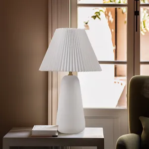 Veluna Textured Ceramic Table Lamp with Fluted Fabric Shade - White