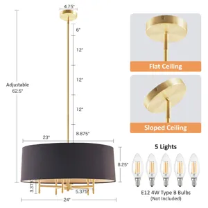 Presidio Presidio 5-Light Dimmable Chandelier with Drum-shaped Fabric Shade & Adjustable Height - Go