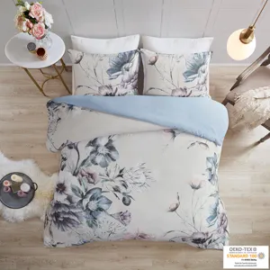 Cassandra Full/Queen 3 Piece Cotton Printed Duvet Cover Set - Blue