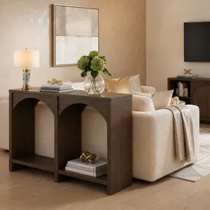 Nicole Miller Bellcourt Arch Wood Console Table with Double-Arch Open Shelves - Walnut Brown
