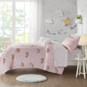 Alicia Twin Rainbow and Metallic Stars Comforter Set with Bed Sheets - Pink