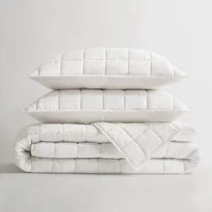 100% Linen Full/Queen Linen Garment Washed Quilt Set - White