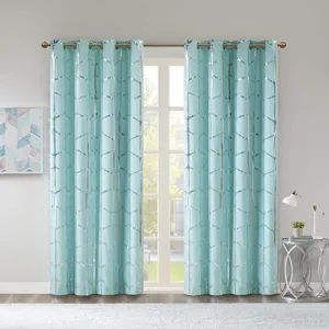 Raina Total Blackout Metallic Print Grommet Top Curtain Panel - Aqua/Silver
