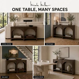 Nicole Miller Bellcourt Arch Wood Console Table with Double-Arch Open Shelves - Walnut Brown
