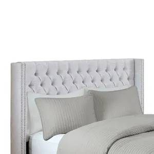 Amelia Queen Upholstered Wingback Headboard with Button Tufting & Nailhead Trim - Grey
