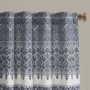 Mila Cotton Printed Curtain Panel with Chenille detail and Lining - Navy
