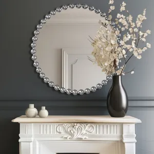Marlowe 36\" Large Decorative Round Wall Mirror with Beaded Metal Frame - Silver