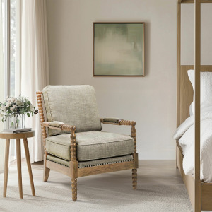 Donohue Turned Wood Frame Armchair - Light Grey/Camel Oak
