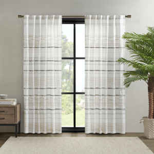INK+IVY Nea Cotton Printed Curtain Panel with tassel trim and Lining - Off White/Gray