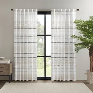 Nea Cotton Printed Curtain Panel with Tassel Trim and Lining - Off White/Gray