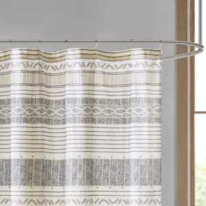 INK+IVY Cody Cotton Stripe Printed Shower Curtain with Tassel - Gray/Yellow
