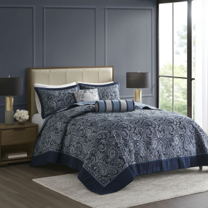 Aubrey King 5 Piece Jacquard Bedspread Set with Throw Pillows - Navy