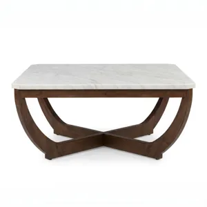 Nicole Miller Calvedra Curve Marble-Look Coffee Table with Curved Walnut Wood Legs - White Marble/Walnut