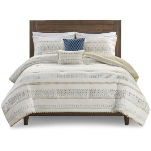 Fraser 5 Piece King/Cal King Printed Seersucker Comforter Set with Throw Pillows - Taupe/Blue