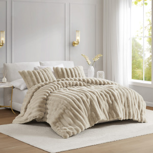Jasmine King Ultrasoft Faux Fur Ribbed Comforter Set - Taupe