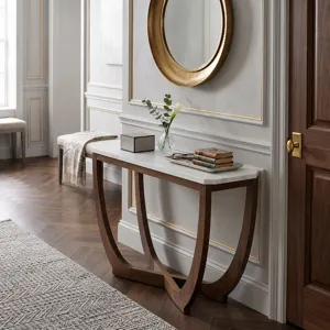 Nicole Miller Calvedra Curve Marble-Look Console Table with Curved Walnut Wood Legs - White Marble/Walnut