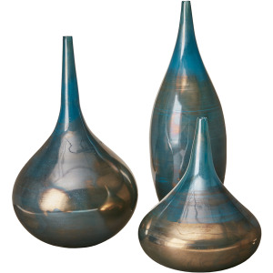 Lucia Blue and Bronze Decorative Glass Vases 3-piece set - Blue Metal