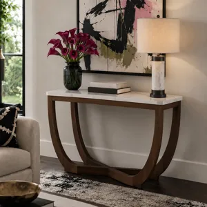 Nicole Miller Calvedra Curve Marble-Look Console Table with Curved Walnut Wood Legs - White Marble/Walnut