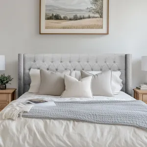 Amelia King Upholstered Wingback Headboard with Button Tufting & Nailhead Trim - Grey