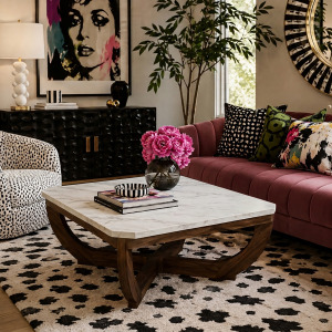 Nicole Miller Calvedra Curve Marble-Look Coffee Table with Curved Walnut Wood Legs - White Marble/Walnut