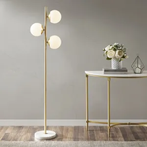 Holloway 3-Globe Light Floor Lamp with Marble Base - White/Gold