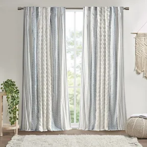 Imani Cotton Printed Curtain Panel with Chenille Stripe and Lining - White/Navy