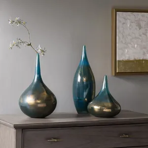 Lucia Blue and Bronze Decorative Glass Vases 3-piece set - Blue Metal