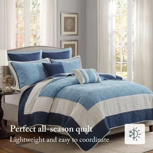 Attingham King/California King 7 Piece Quilt Set with Euro Shams and Throw Pillows - Navy