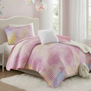 Intelligent Design Cassiopeia Watercolor Tie Dye Printed Quilt Set with Throw Pillow