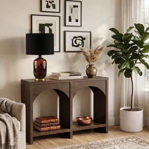 Nicole Miller Bellcourt Arch Wood Console Table with Double-Arch Open Shelves - Walnut Brown