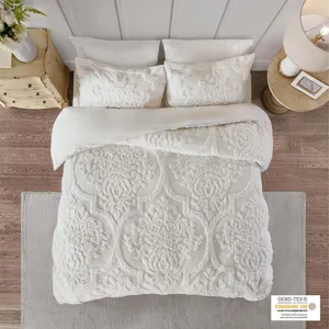 Madison Park Viola 3 Piece Tufted Cotton Chenille Damask Duvet Cover Set