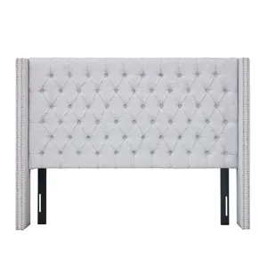 Amelia King Upholstered Wingback Headboard with Button Tufting & Nailhead Trim - Grey
