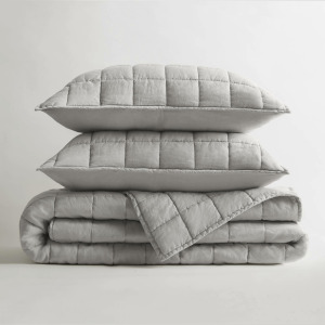 100% Linen King/California King Linen Garment Washed Quilt Set - Gray