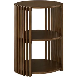INK+IVY Wyatt Round Slatted Wood End Table with 2-Tier Open Storage - Honey Brown