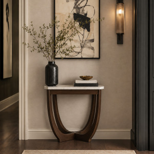 Nicole Miller Calvedra Curve Marble-Look End Table with Curved Walnut Wood Base - White Marble/Walnut