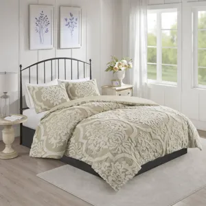 Madison Park Viola 3 Piece Tufted Cotton Chenille Damask Duvet Cover Set