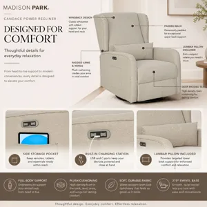 Madison Park Candace Power Recliner 3-in-1 with Swivel, Glider, Charging Station