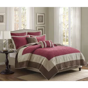 Attingham Full/Queen 7 Piece Quilt Set with Euro Shams and Throw Pillows - Red