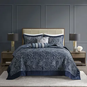 Aubrey King 5 Piece Jacquard Bedspread Set with Throw Pillows - Navy