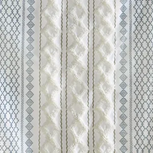 Imani Cotton Printed Curtain Panel with Chenille Stripe and Lining - White/Navy