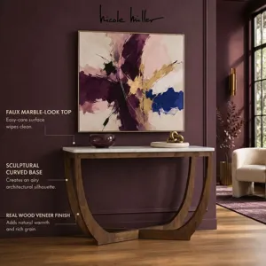 Nicole Miller Calvedra Curve Marble-Look Console Table with Curved Walnut Wood Legs - White Marble/Walnut